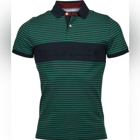 Tommy Hilfiger Men's Slim Fit Essential Stripe Polo Green and Blue - Picture 1 of 6